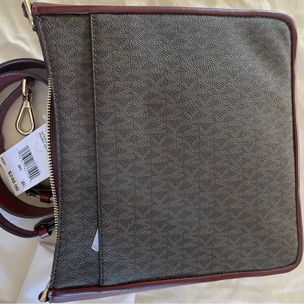Michael Kors Gloria  Pocket Swing Bag in Brown Signature and Maroon Leather NWT